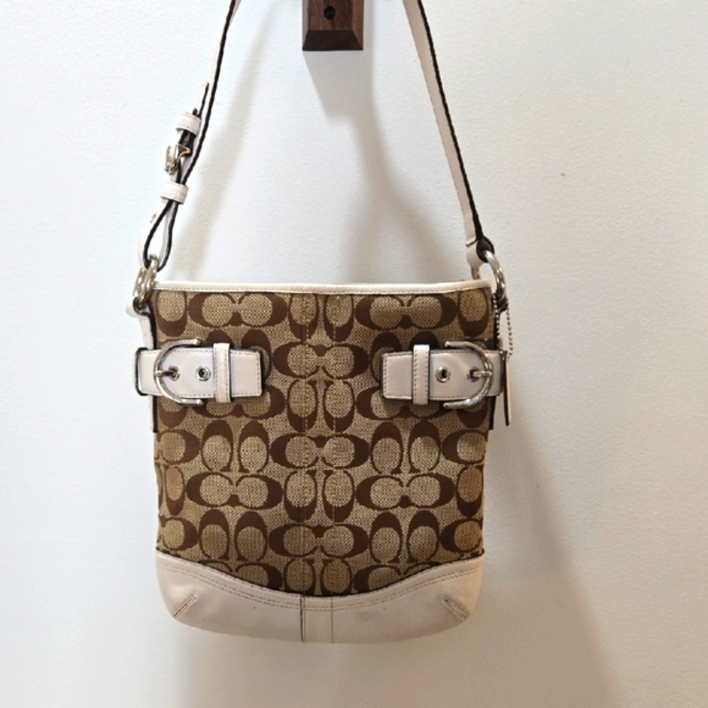Coach - VINGAGE White and Tan Jacquard Shoulder Bag, White Leather Trim